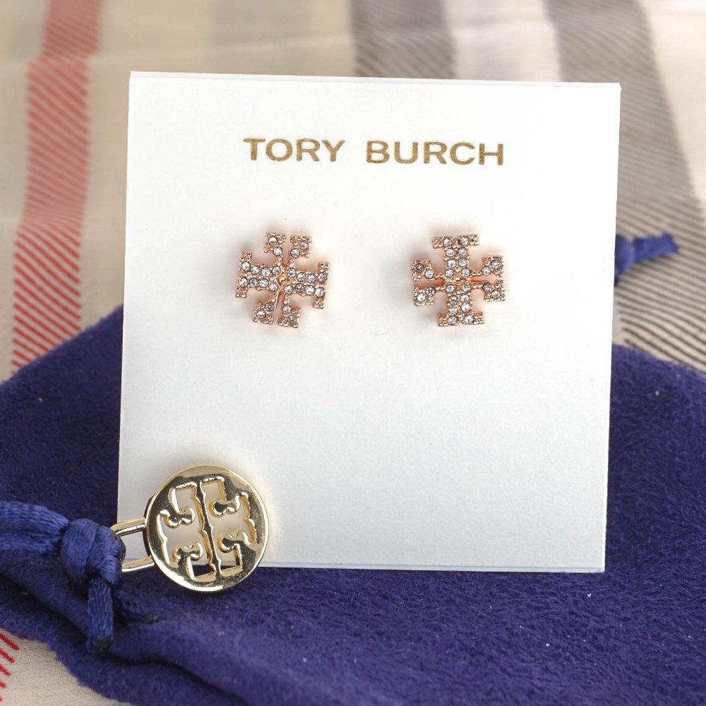 Tory Burch Kira Pavé Stud Earrings with Dust Bag (Rose Gold) Brand New